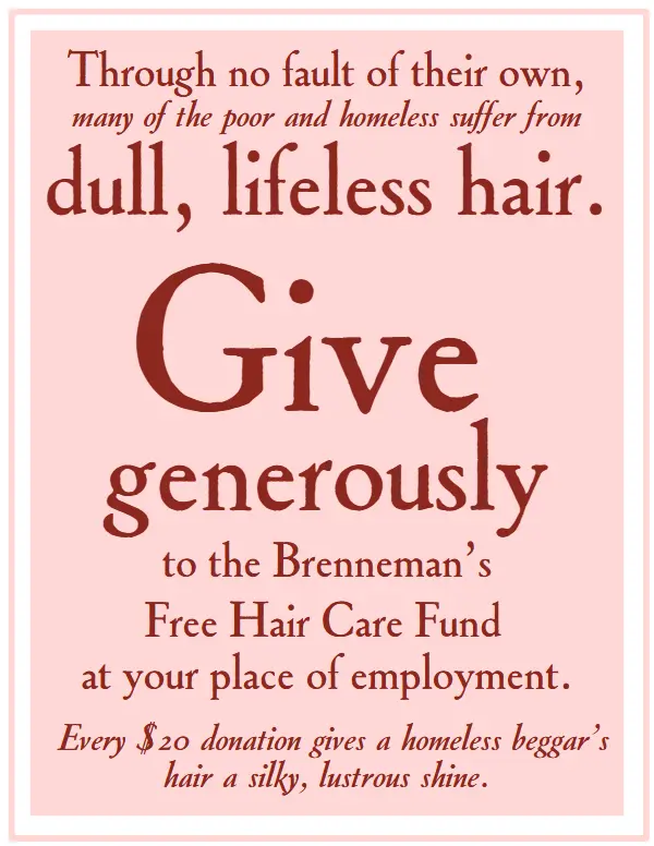 Through no fault of their own, many of the poor and homeless suffer from dull, lifeless hair. Give generously to the Brenneman’s Free Hair Care Fund at your place of employment. Every $20 donation gives a homeless beggar’s hair a silky, lustrous shine.