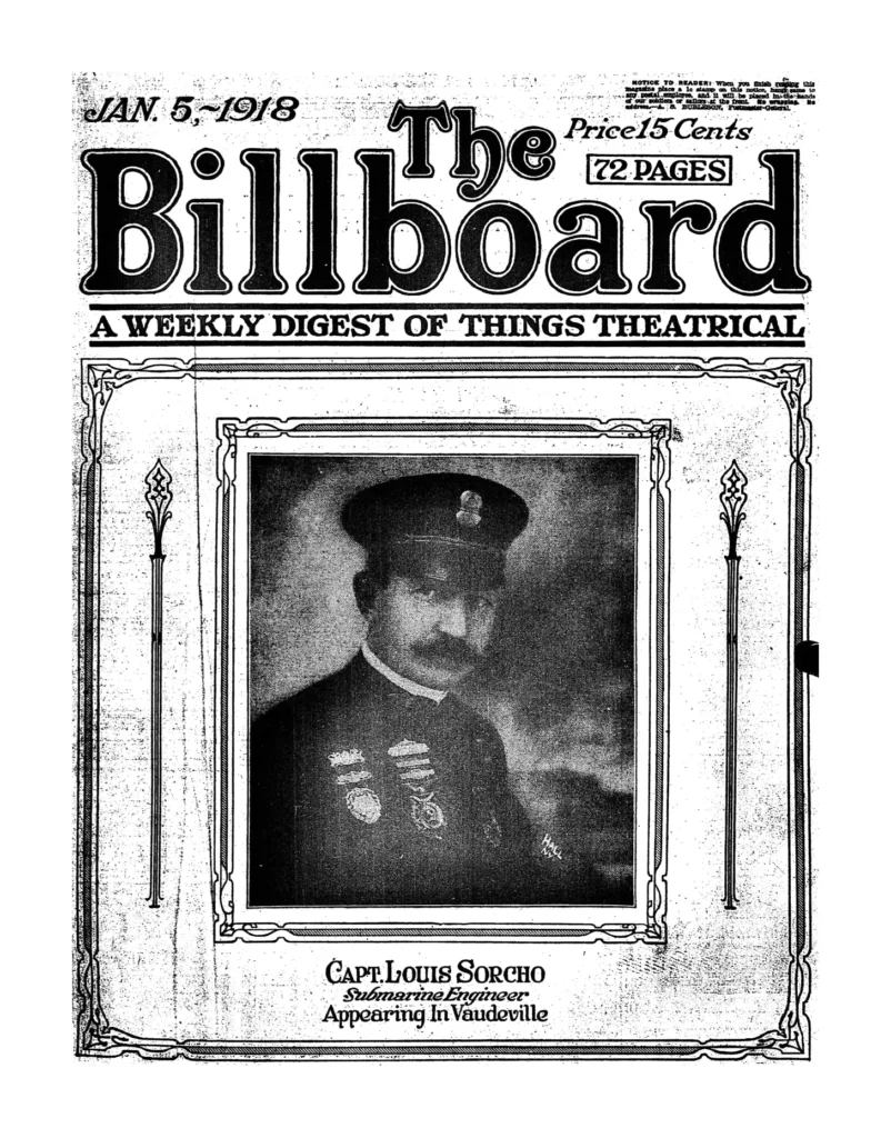 Billboard cover with Captain Louis Sorcho, submarine engineer, now appearing in vaudeville