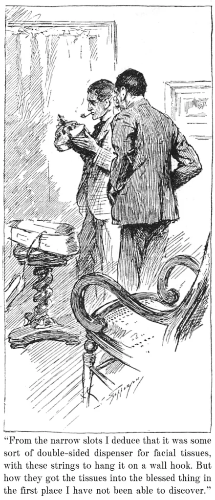Man holding violin: “From the narrow slots I deduce that it was some sort of double-sided dispenser for facial tissues, with these strings to hang it on a wall hook. But how they got the tissues into the blessed thing in the first place I have not been able to discover.”